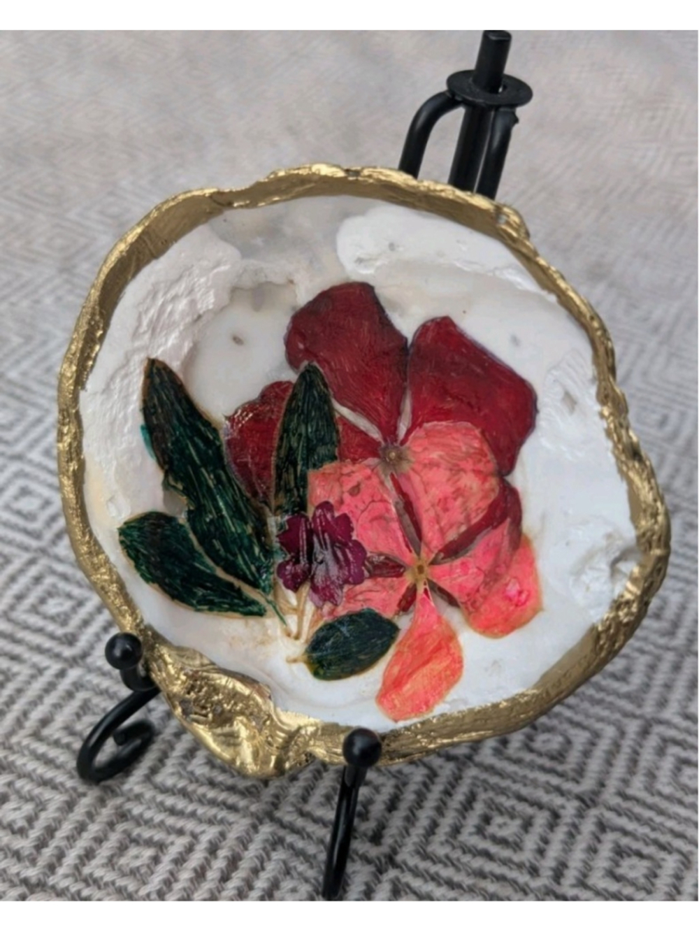 Hand Crafted Natural Oyster Shell Floral Decoupage Gold Trim Ring/Trinket